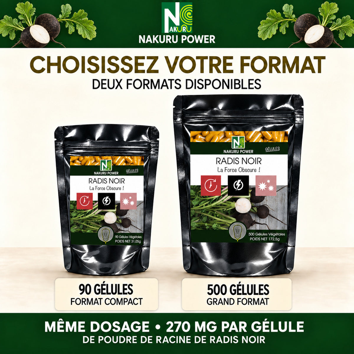 NAKURU Radis Noir — 500 gélules — Comparatif formats