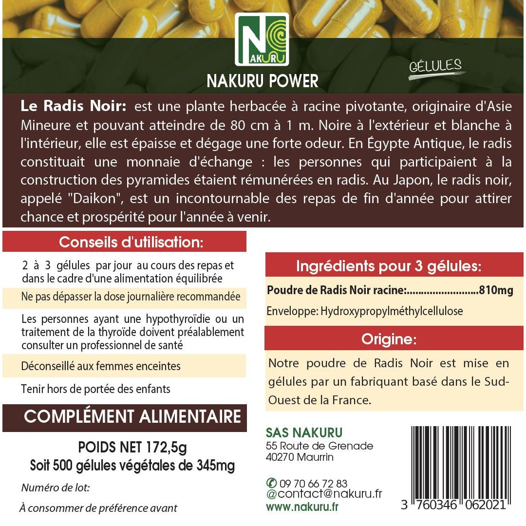 NAKURU Radis Noir — 500 gélules — Étiquette dos