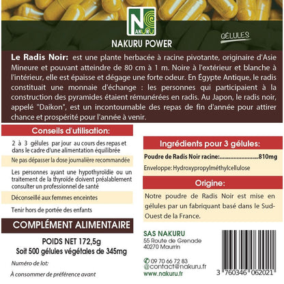 NAKURU Radis Noir — 500 gélules — Étiquette dos