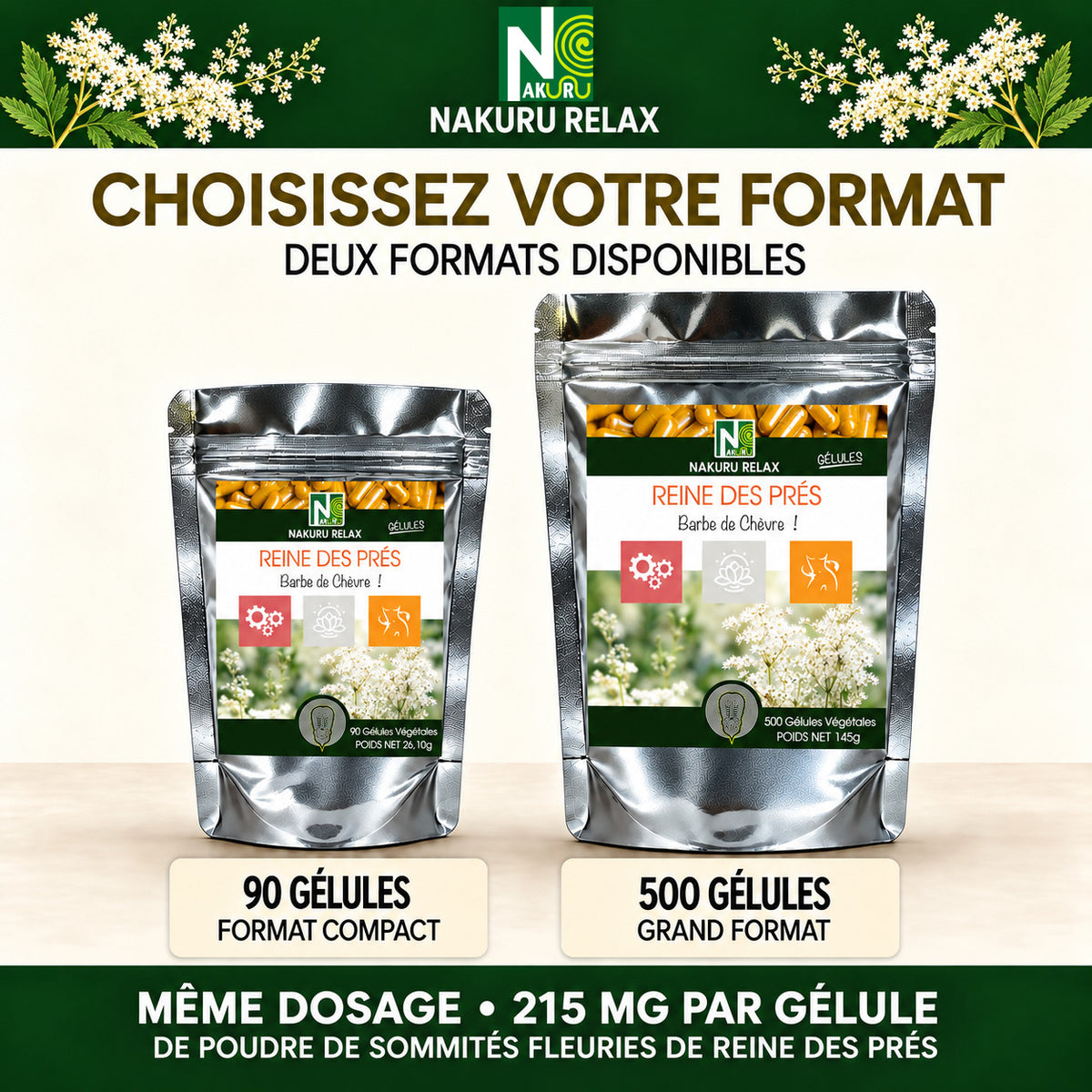NAKURU Reine des Prés — 500 gélules — Comparatif formats