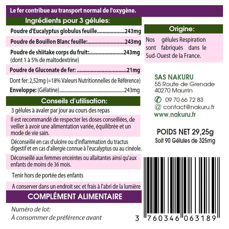 NAKURU Respiration — 90 gélules — Étiquette dos