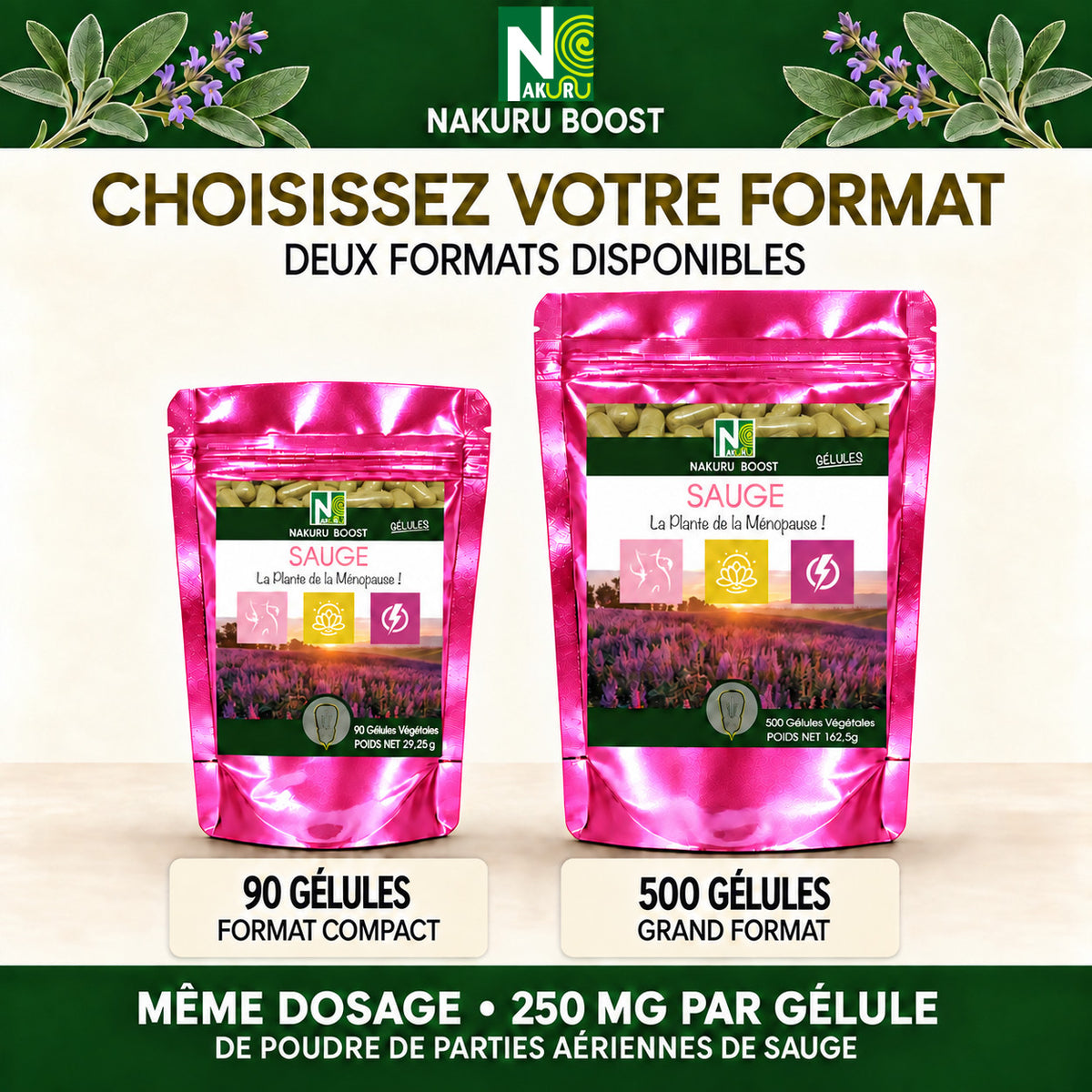 NAKURU Sauge — 500 gélules — Comparatif formats