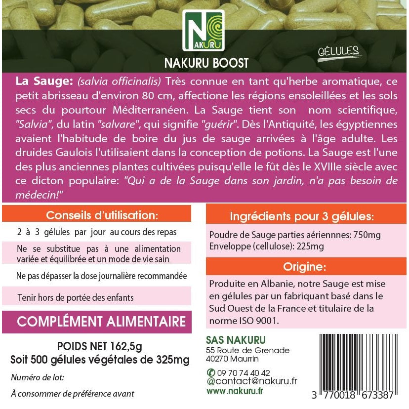 NAKURU Sauge — 500 gélules — Étiquette dos