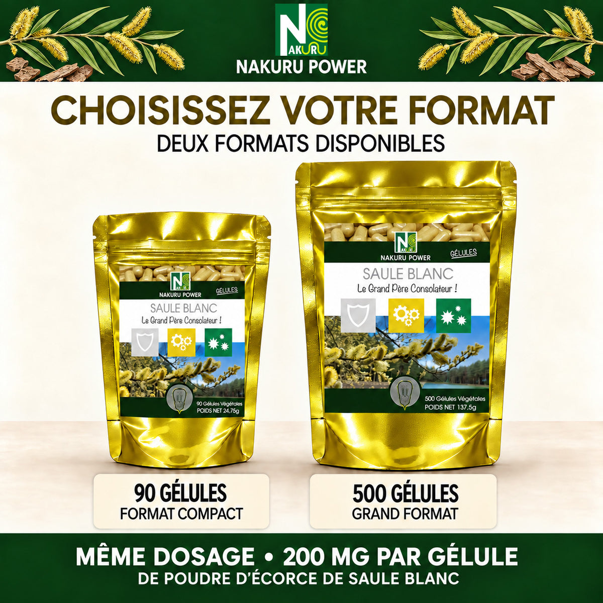 NAKURU Saule Blanc — 500 gélules — Comparatif formats
