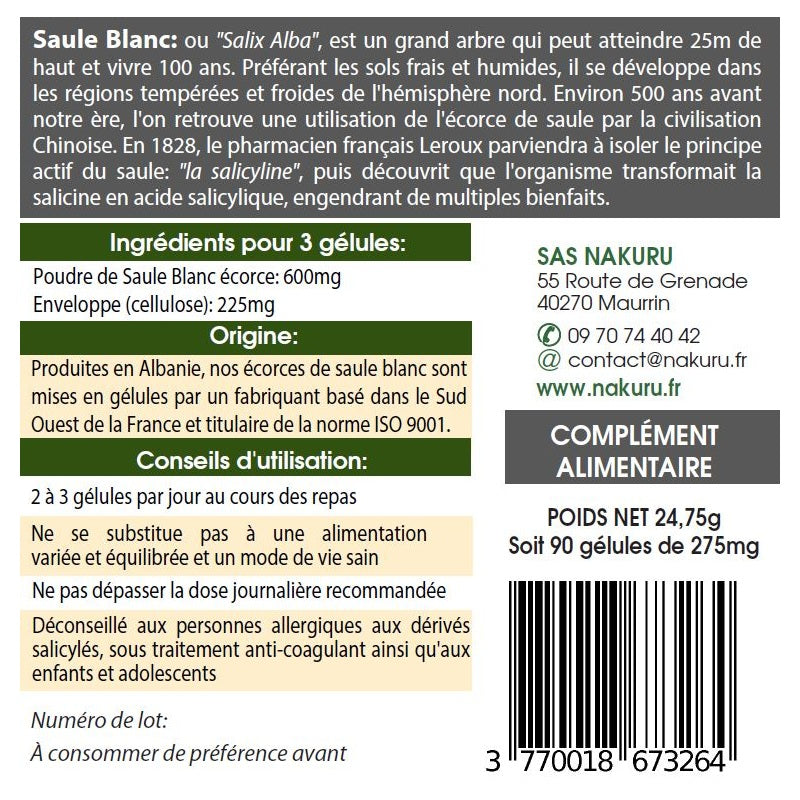NAKURU Saule Blanc — 90 gélules — Étiquette dos