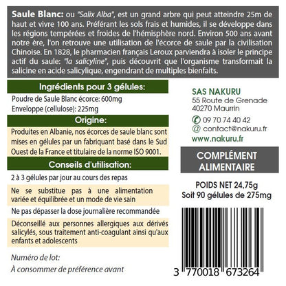 NAKURU Saule Blanc — 90 gélules — Étiquette dos