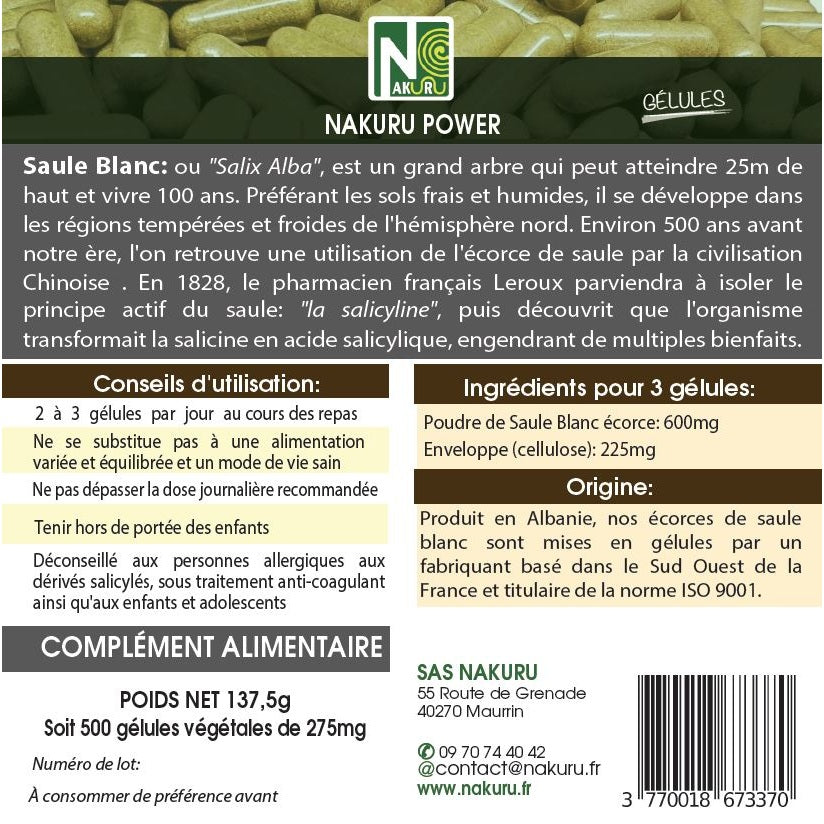 NAKURU Saule Blanc — 500 gélules — Étiquette dos
