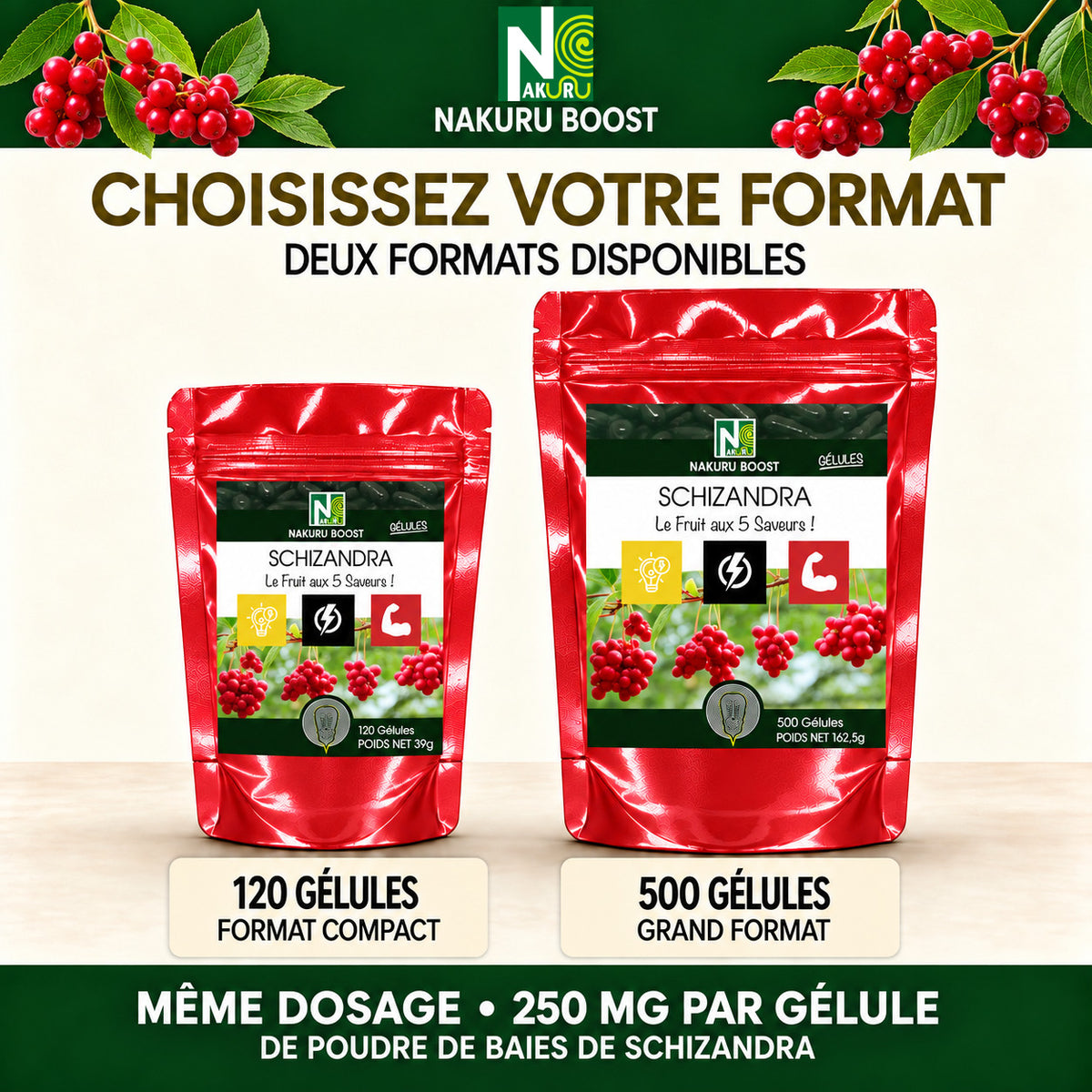 NAKURU Schizandra — 500 gélules — Comparatif formats