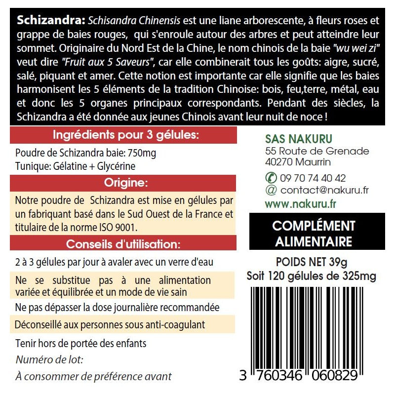 NAKURU Schizandra — 120 gélules — Étiquette dos