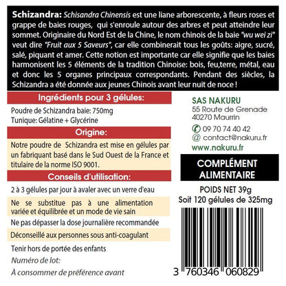 NAKURU Schizandra — 120 gélules — Étiquette dos