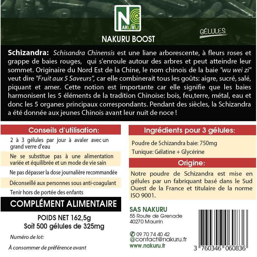 NAKURU Schizandra — 500 gélules — Étiquette dos