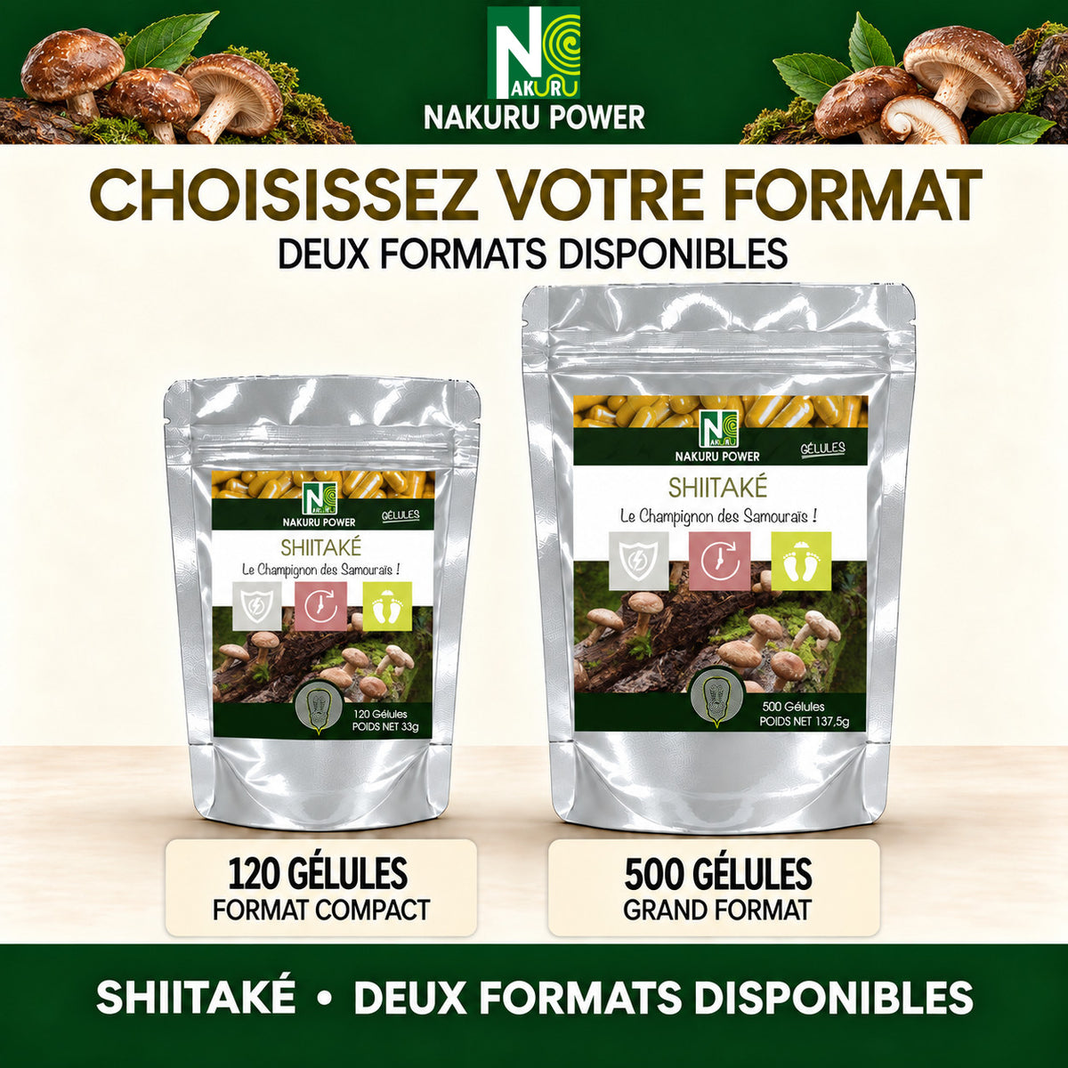 NAKURU Shiitaké — 120 gélules — Comparatif formats