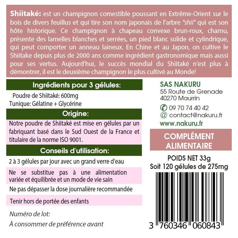 NAKURU Shiitaké — 120 gélules — Étiquette dos