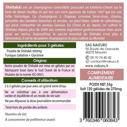 NAKURU Shiitaké — 120 gélules — Étiquette dos