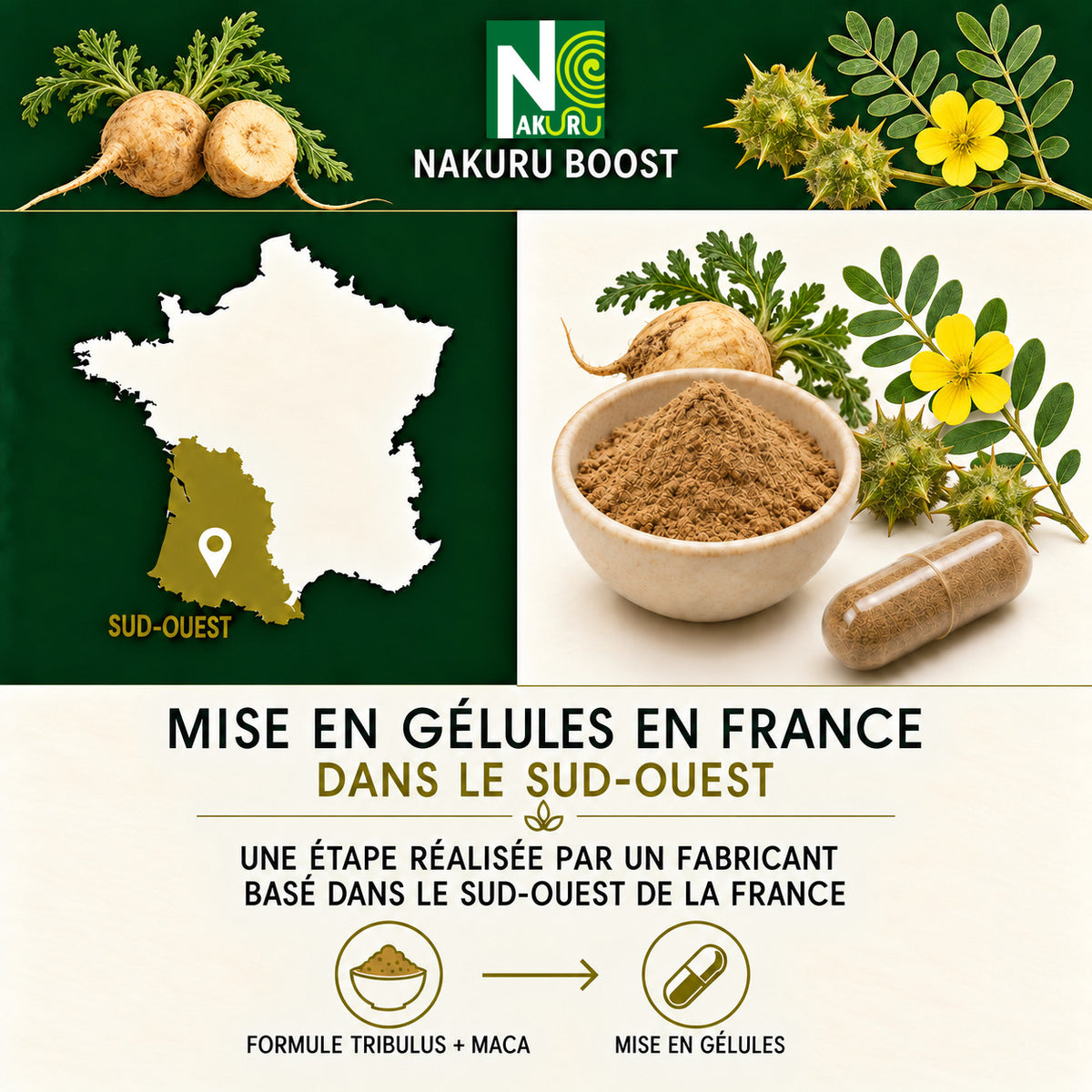 NAKURU Tribulus + Maca — 500 gélules — Fabrication
