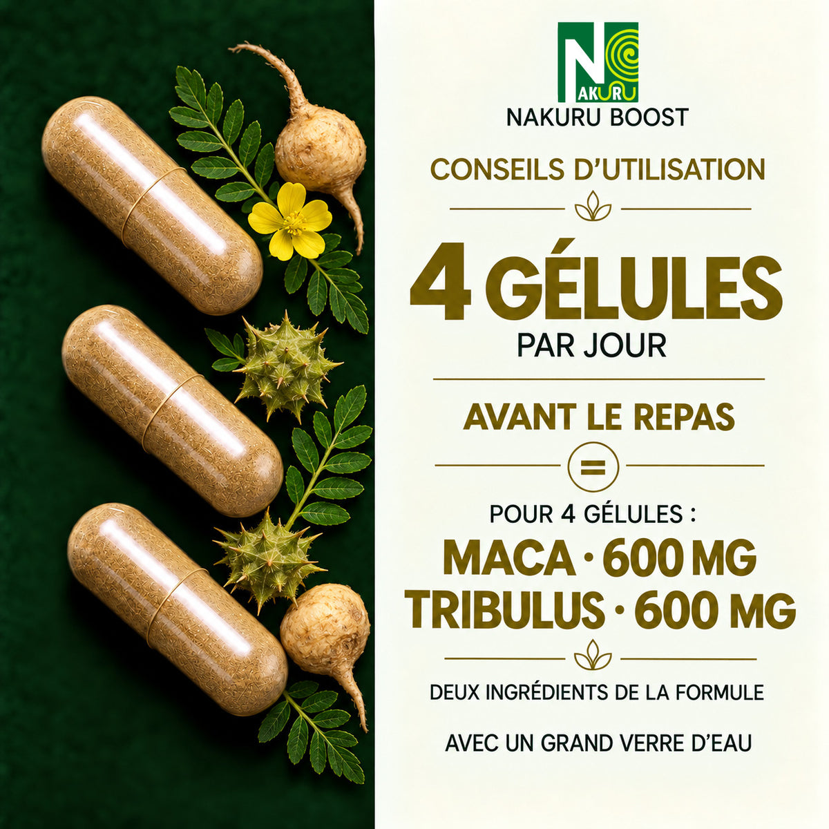 NAKURU Tribulus + Maca — 500 gélules — Dosage