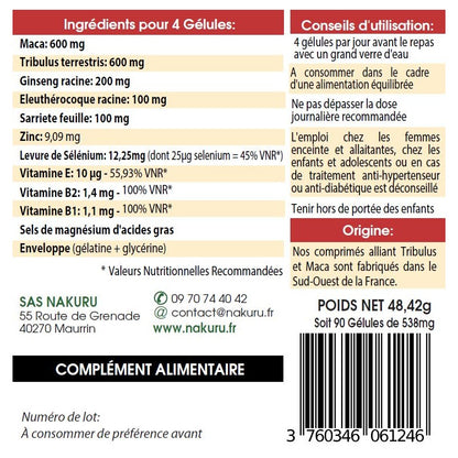 NAKURU Tribulus + Maca — 90 gélules — Étiquette dos