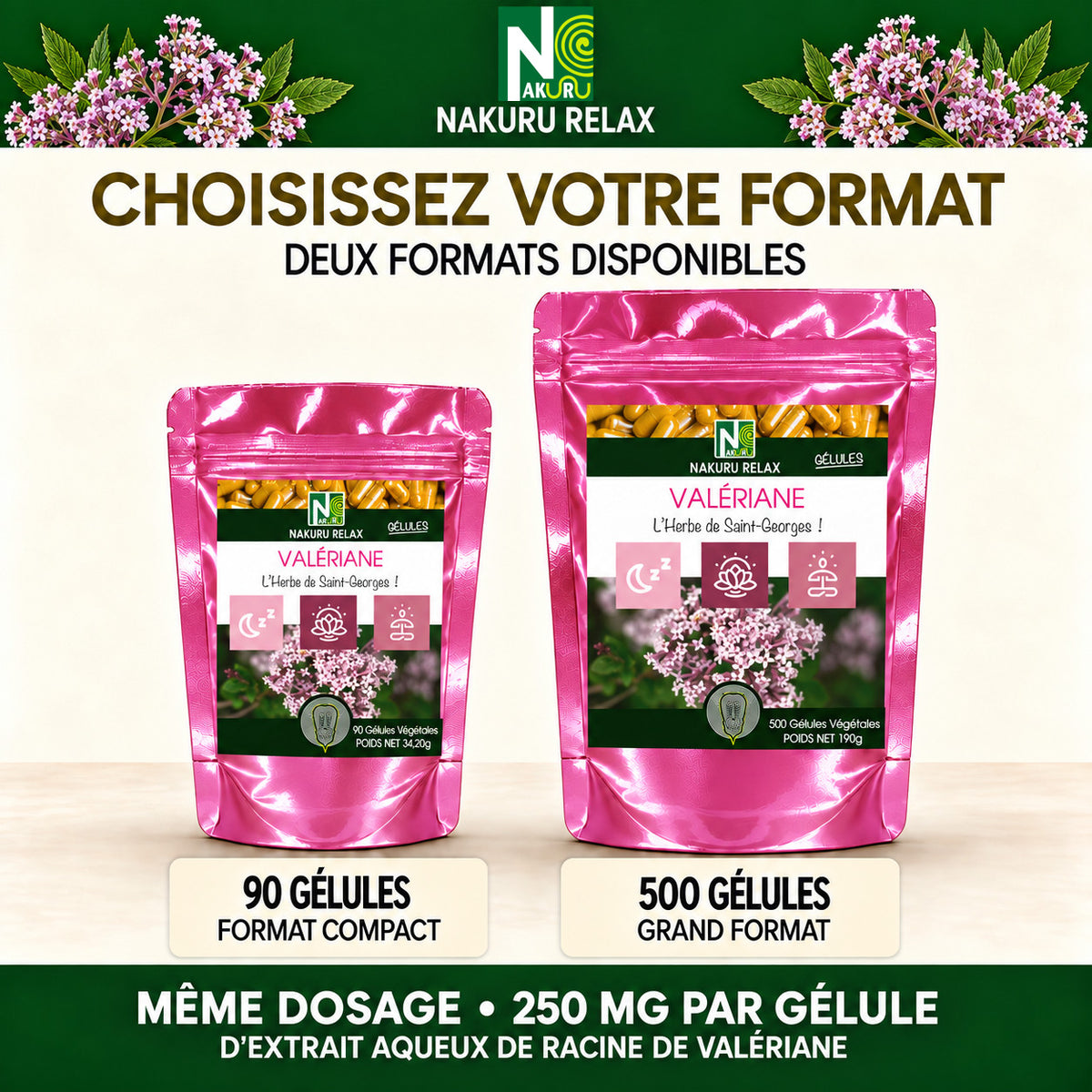 NAKURU Valériane — 500 gélules — Comparatif formats