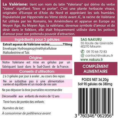 NAKURU Valériane — 90 gélules — Étiquette dos
