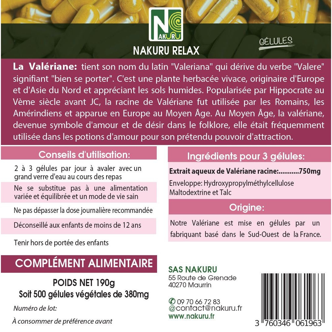 NAKURU Valériane — 500 gélules — Étiquette dos