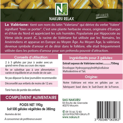 NAKURU Valériane — 500 gélules — Étiquette dos