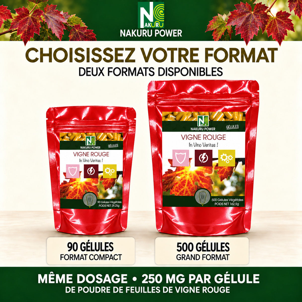 NAKURU Vigne Rouge — 500 gélules — Comparatif formats