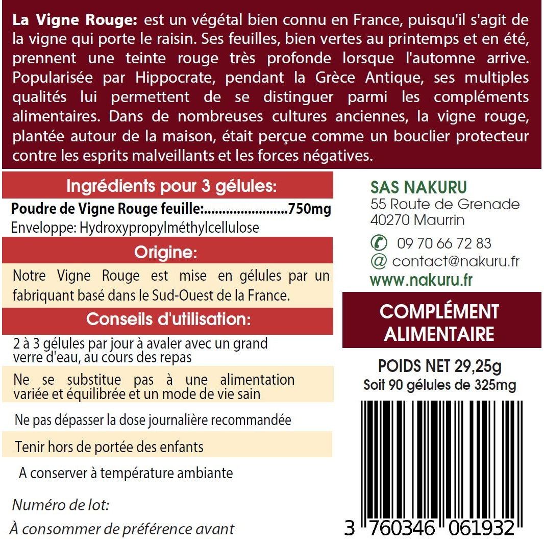 NAKURU Vigne Rouge — 90 gélules — Étiquette dos