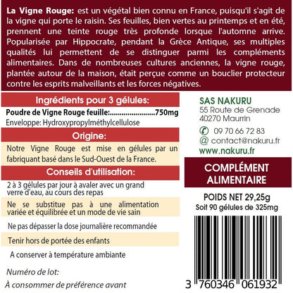 NAKURU Vigne Rouge — 90 gélules — Étiquette dos