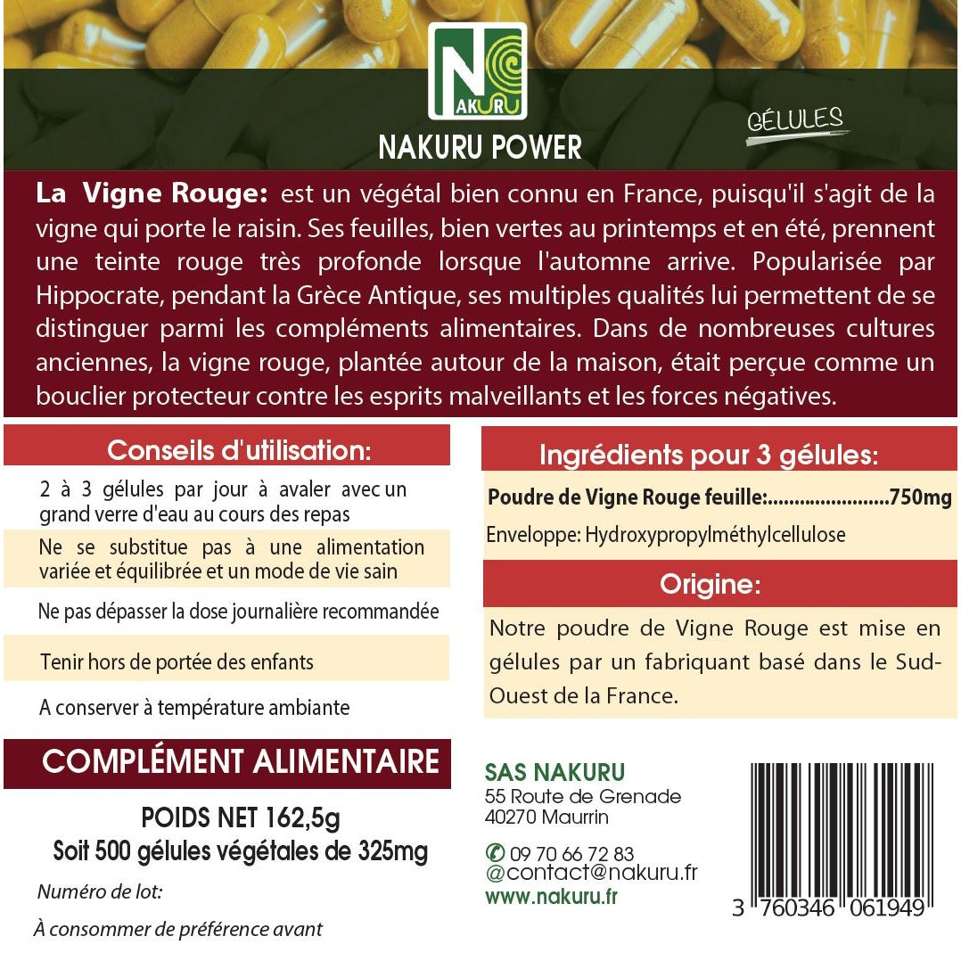 NAKURU Vigne Rouge — 500 gélules — Étiquette dos