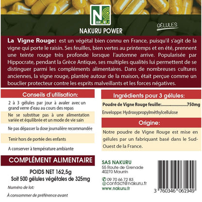 NAKURU Vigne Rouge — 500 gélules — Étiquette dos