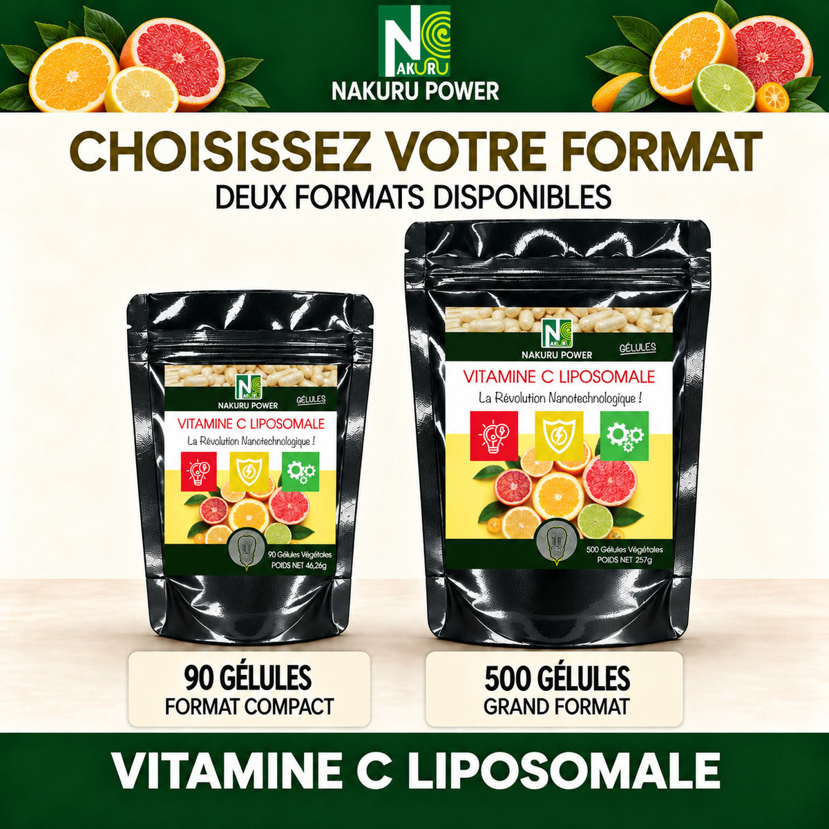 NAKURU Vitamine C Liposomale — 500 gélules — Comparatif formats