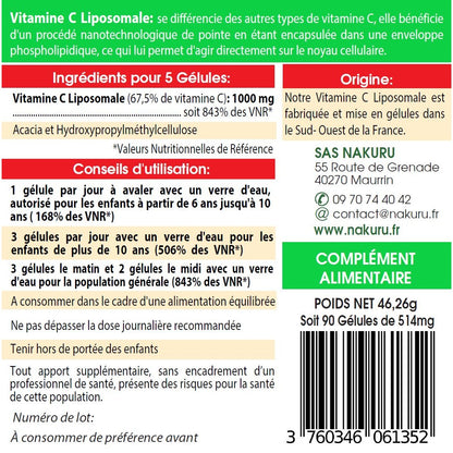 NAKURU Vitamine C Liposomale — 90 gélules — Étiquette dos