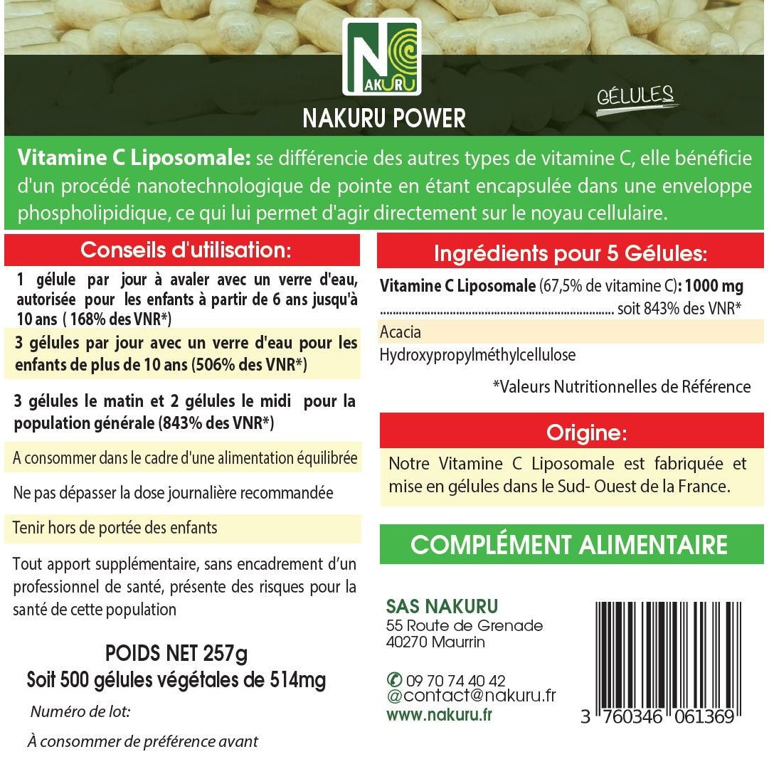 NAKURU Vitamine C Liposomale — 500 gélules — Étiquette dos