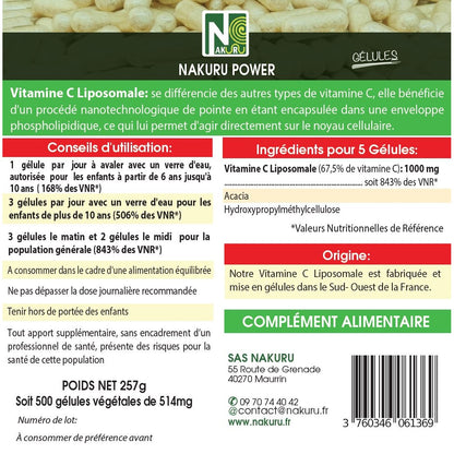 NAKURU Vitamine C Liposomale — 500 gélules — Étiquette dos