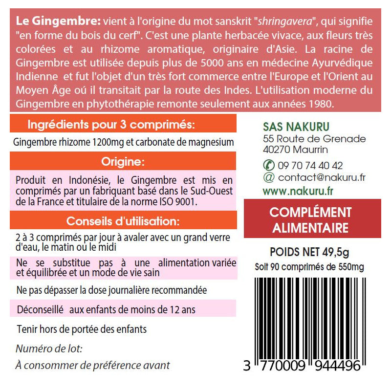 NAKURU Gingembre — 90 comprimés — Étiquette dos