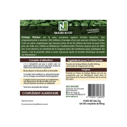 NAKURU Ginkgo Biloba — 350 comprimés — Étiquette dos