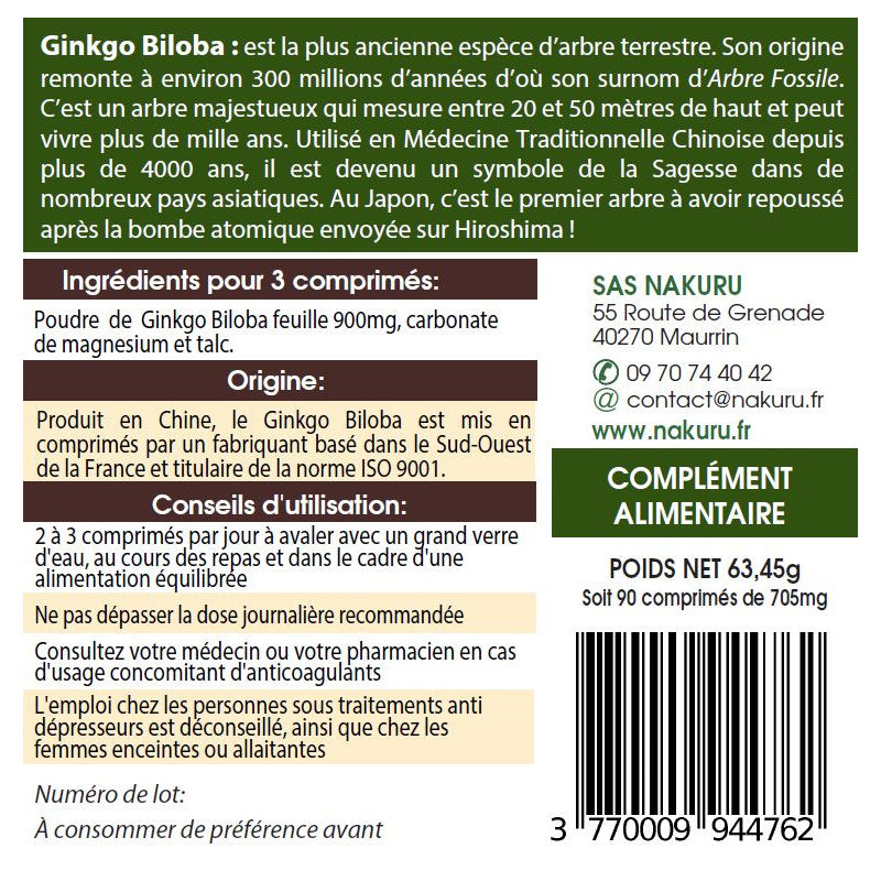 NAKURU Ginkgo Biloba — 90 comprimés — Étiquette dos