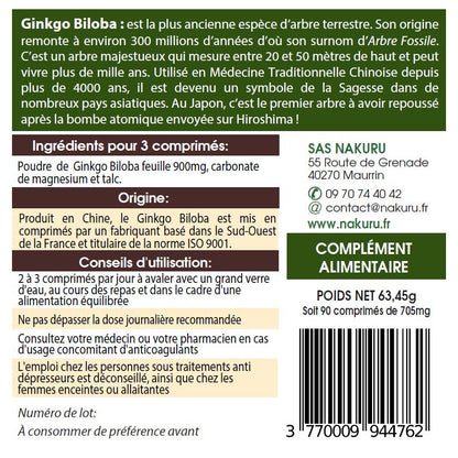 NAKURU Ginkgo Biloba — 90 comprimés — Étiquette dos