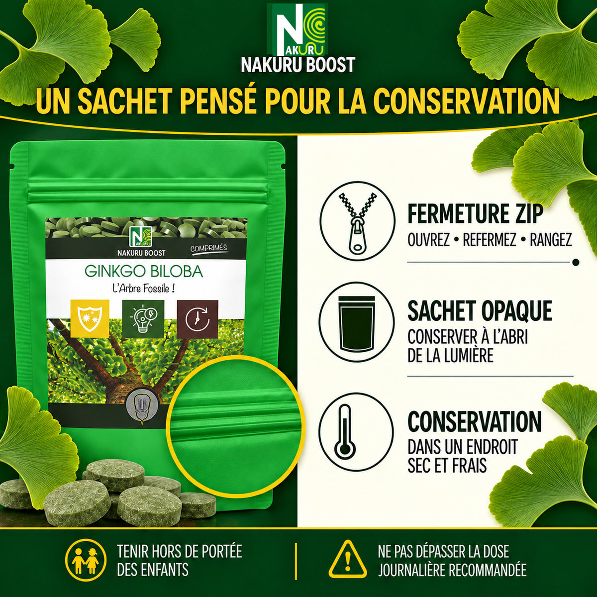 NAKURU Ginkgo Biloba — 350 comprimés — Conservation