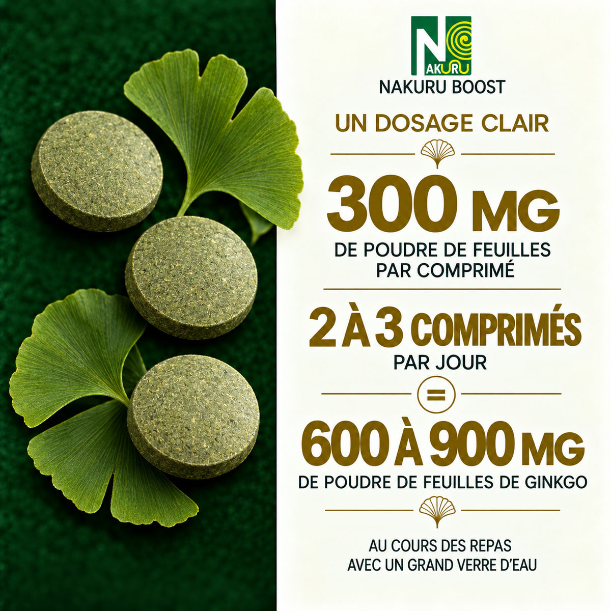 NAKURU Ginkgo Biloba — 350 comprimés — Dosage