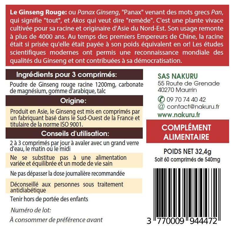 NAKURU Ginseng Rouge — 60 comprimés — Étiquette dos
