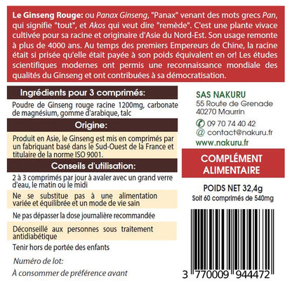 NAKURU Ginseng Rouge — 60 comprimés — Étiquette dos