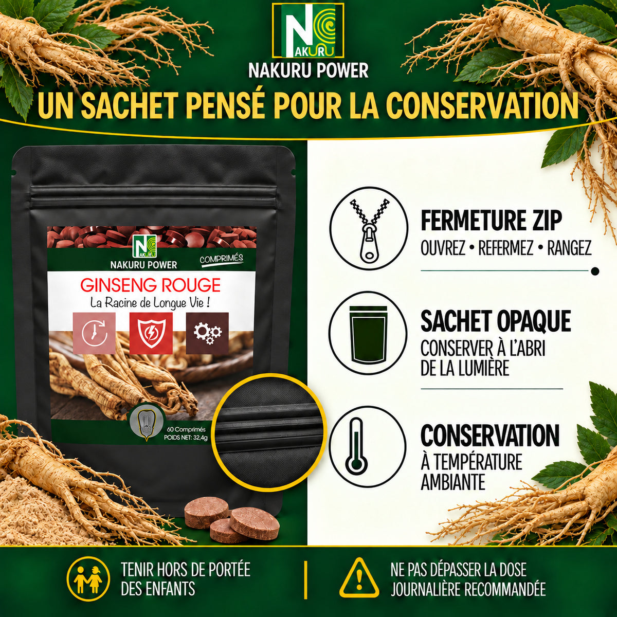 NAKURU Ginseng Rouge — 60 comprimés — Conservation