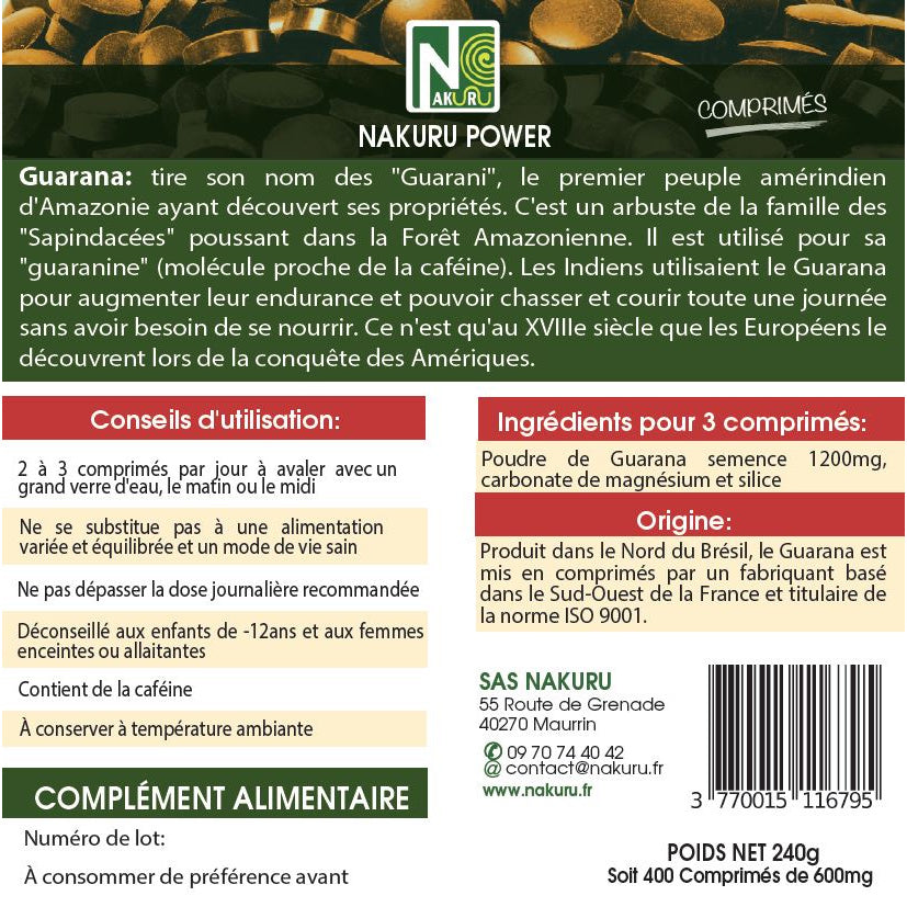 NAKURU Guarana — 400 comprimés — Étiquette dos