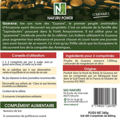 NAKURU Guarana — 400 comprimés — Étiquette dos