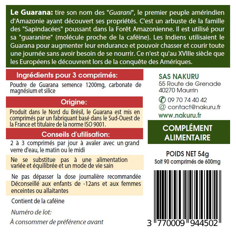 NAKURU Guarana — 90 comprimés — Étiquette dos
