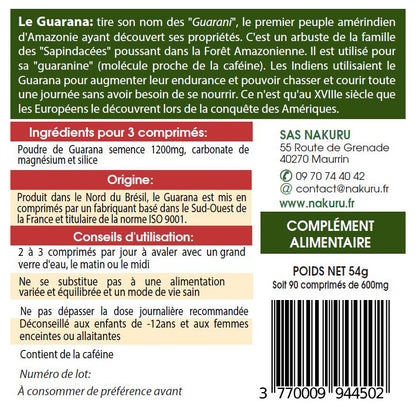 NAKURU Guarana — 90 comprimés — Étiquette dos