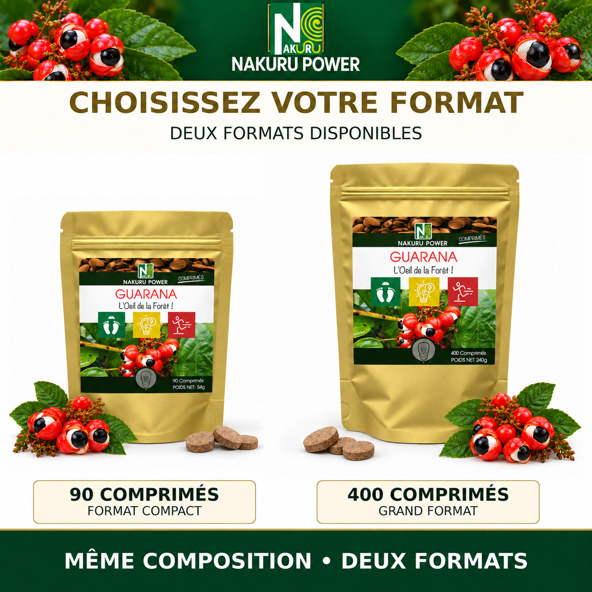 NAKURU Guarana — 400 comprimés — Comparatif des formats