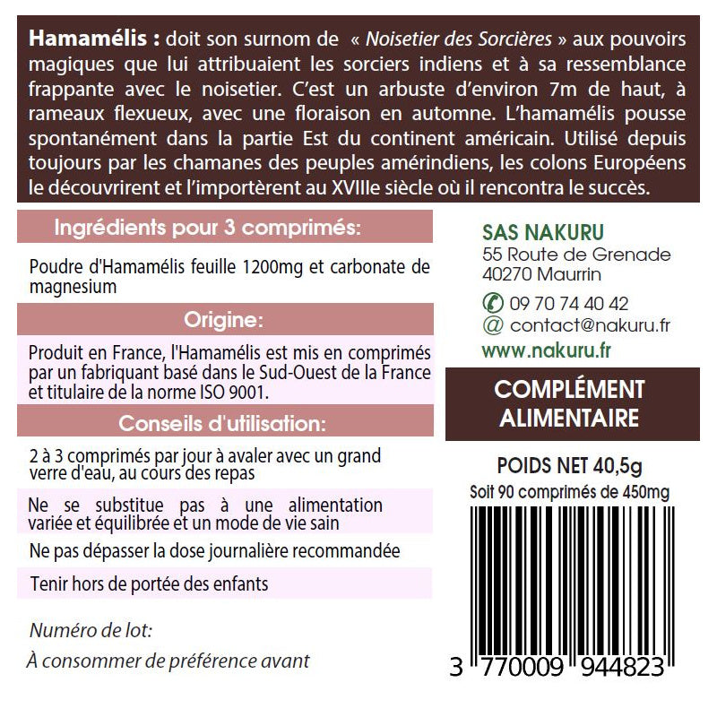 NAKURU Hamamélis — 90 comprimés — Étiquette dos