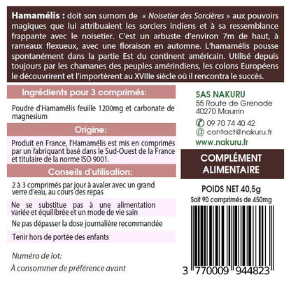 NAKURU Hamamélis — 90 comprimés — Étiquette dos